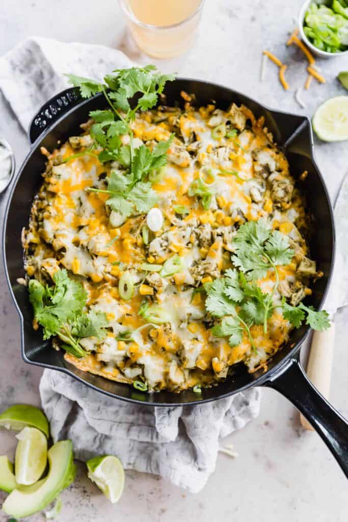 Turkey enchilada skillet with melted cheese and lots of fresh cilantro.
