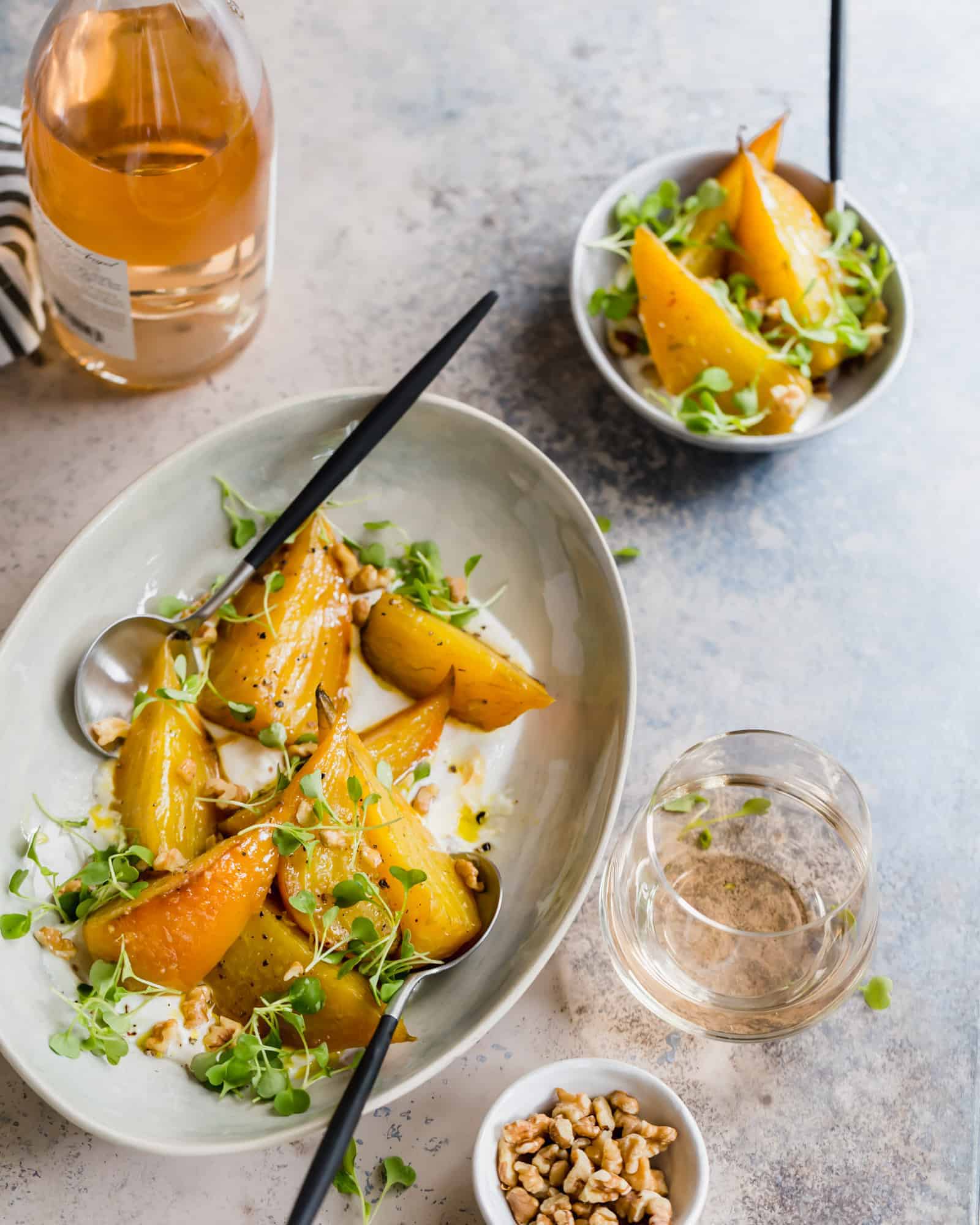 roasted golden beets with horseradish, walnuts, and arugula