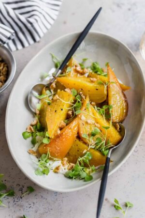Roasted golden beets with horseradish and walnuts.