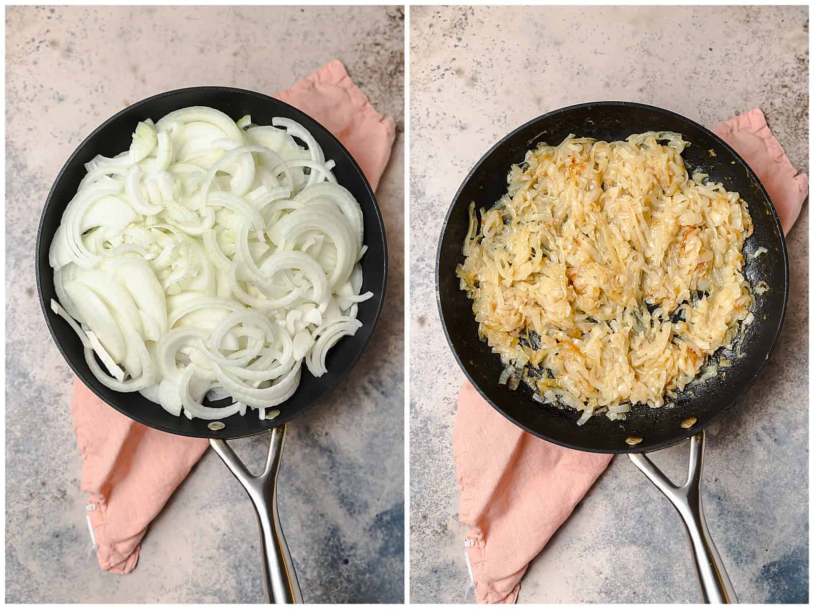 Left photo shows raw onion slices in a pan. Photo on the right shows sautéed onions that are a light golden brown in a skillet.