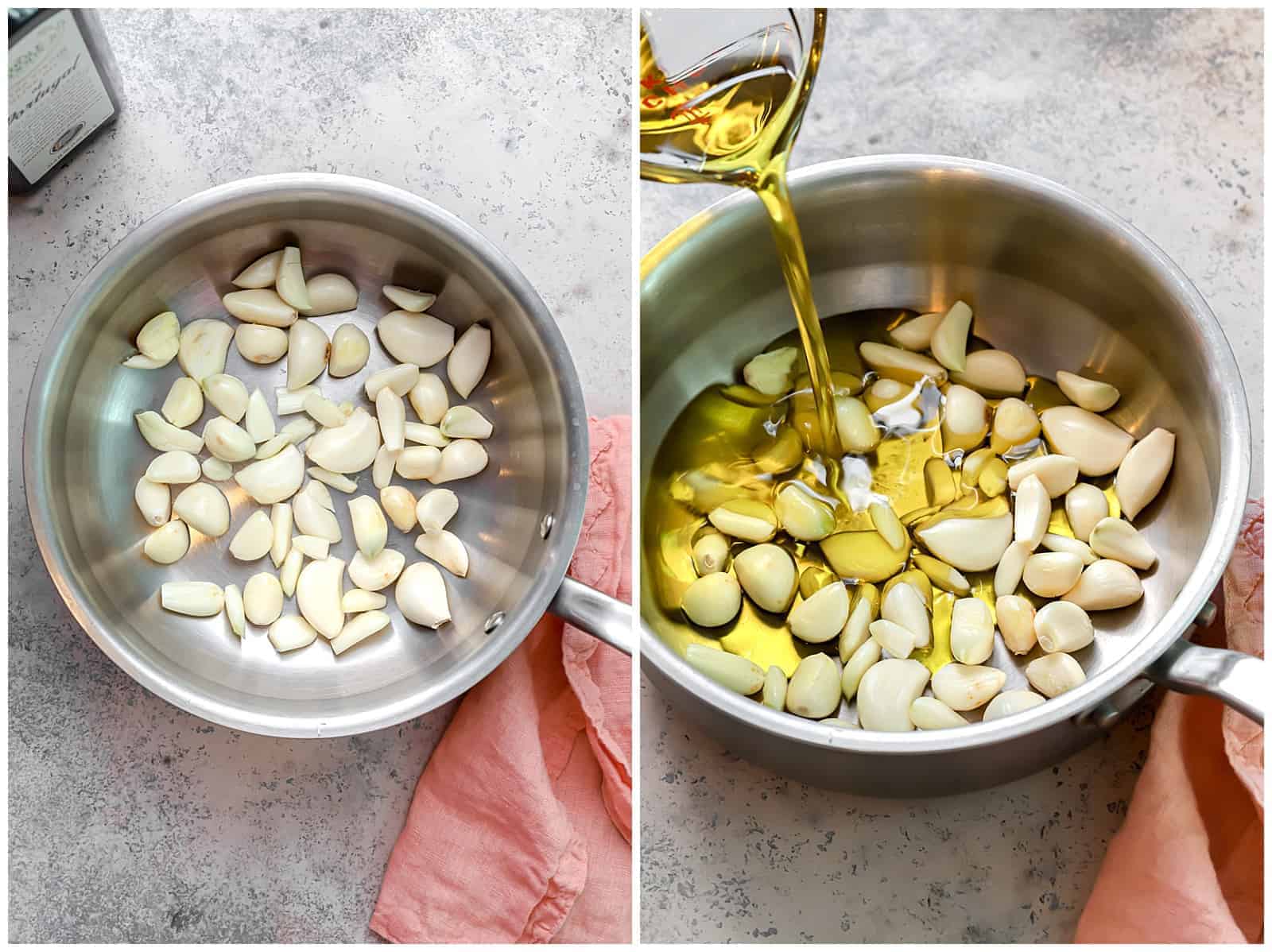 garlic cloves in a sauce pan with olive oil