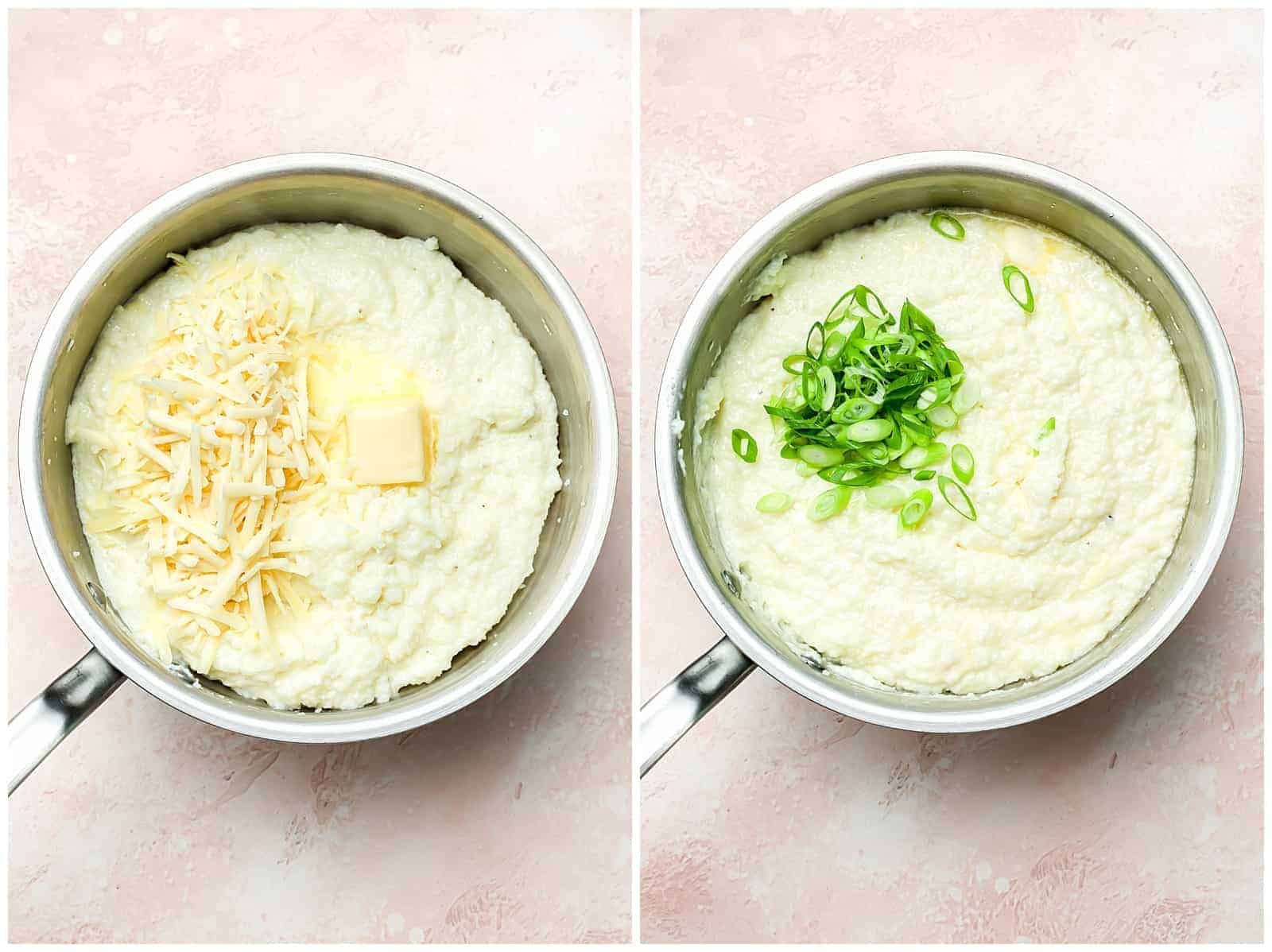 Grits in a skillet with cheddar butter and scallions