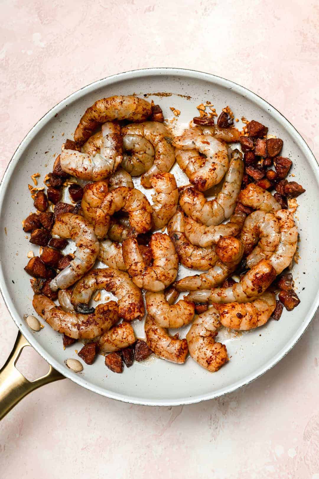 Shrimp and andouille in a skillet