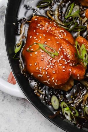 Chicken thighs with homemade teriyaki sauce and scallions.