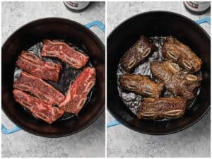 Seared beef short ribs in a dutch oven