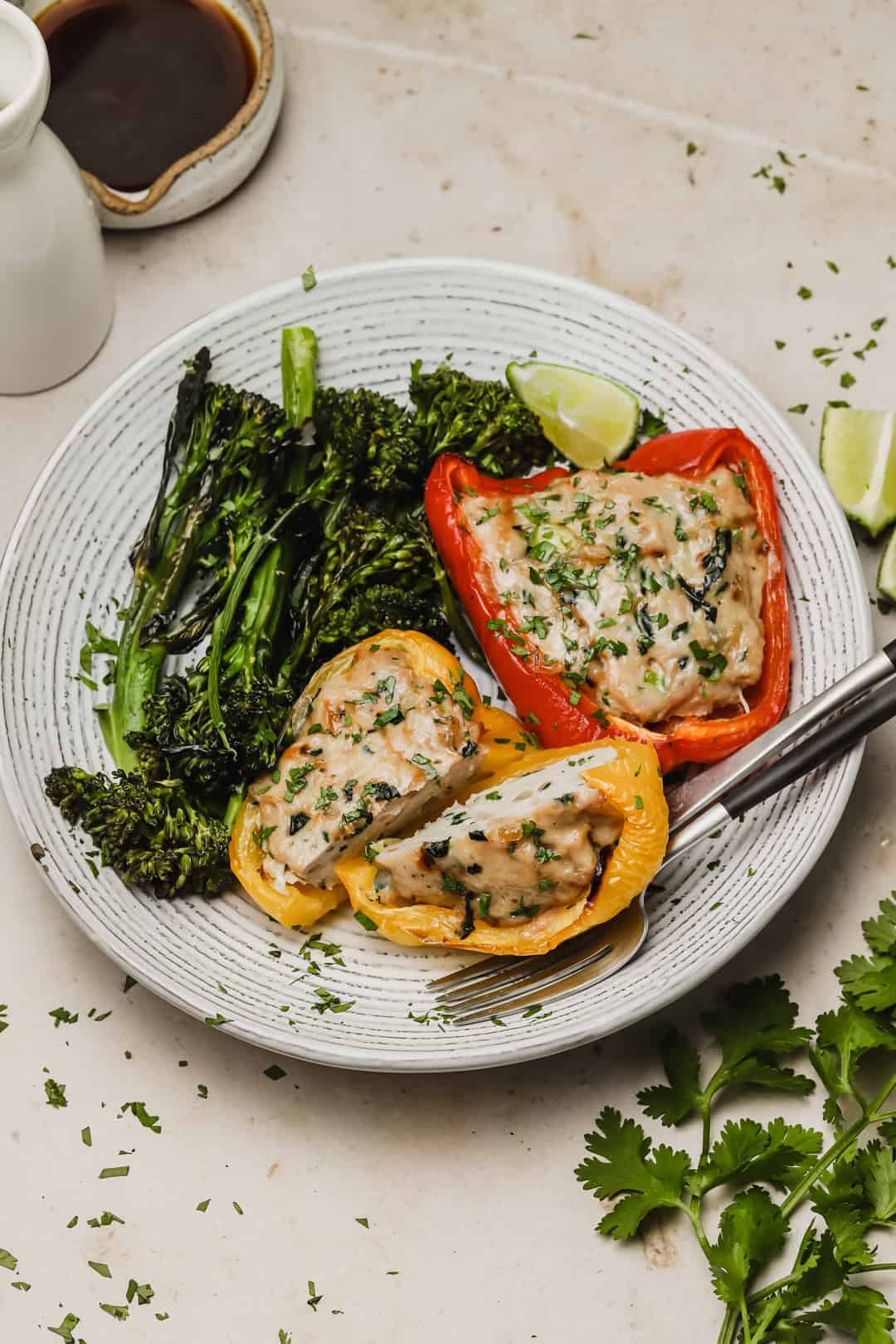 Stuffed pepper cut into on a plate