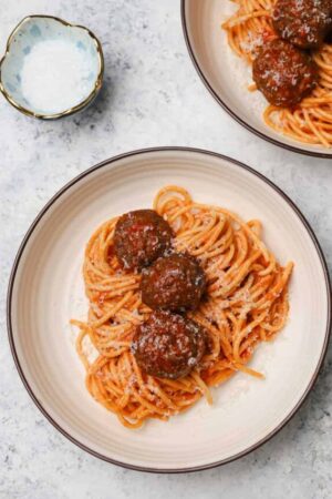 Classic spaghetti and meatballs in a bowl.