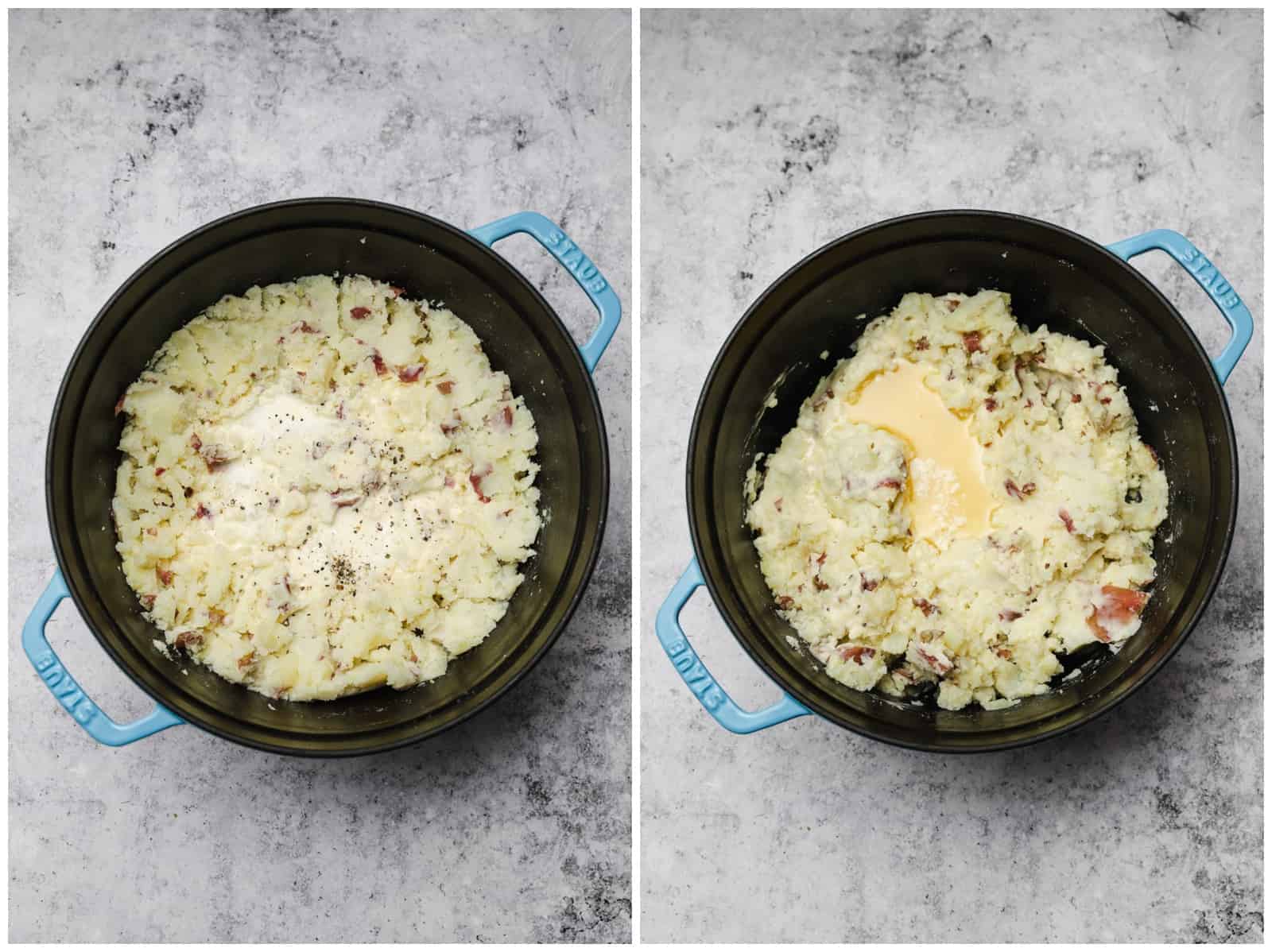 Garlic-infused butter and heavy cream being stirred into mashed red potatoes in a pot.