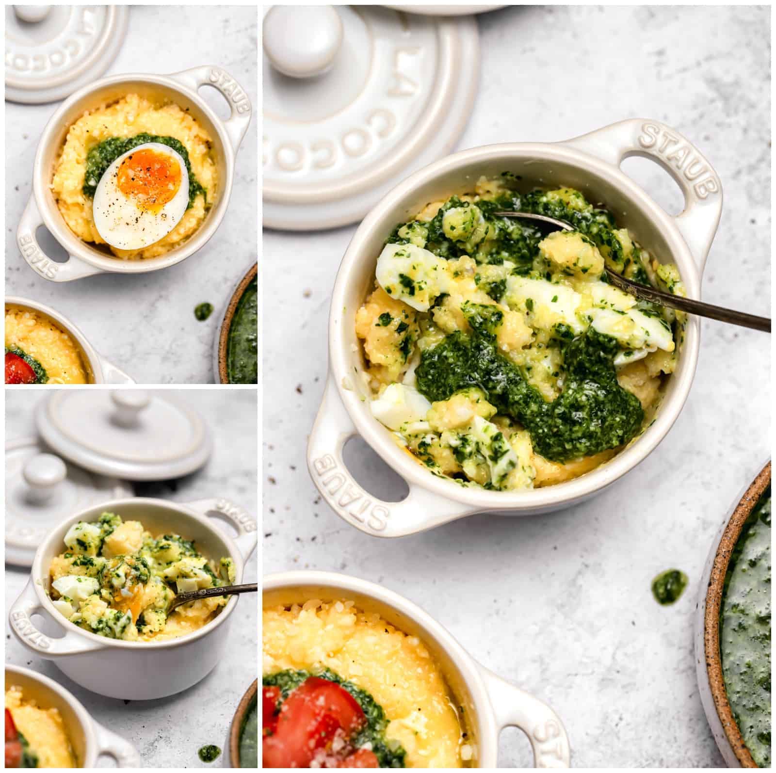 Breakfast polenta with pesto and soft boiled eggs