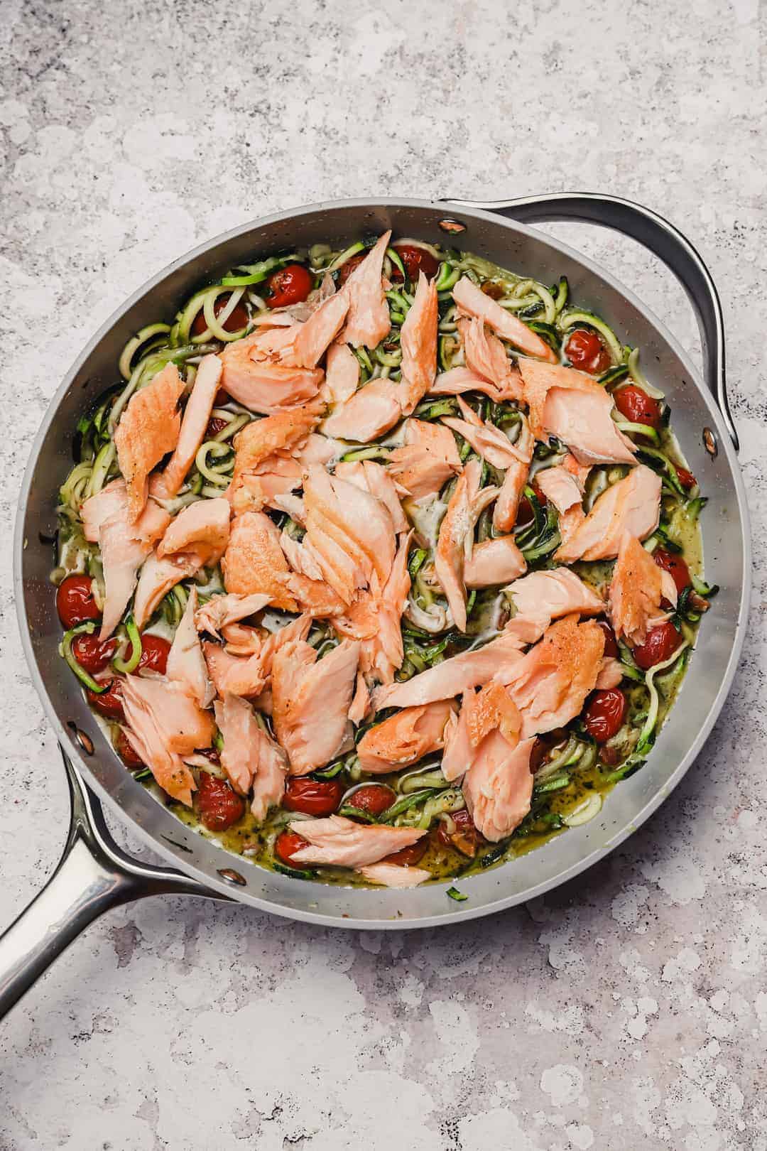 Flaky, Oven-Baked Salmon with Zucchini Noodles & Pesto