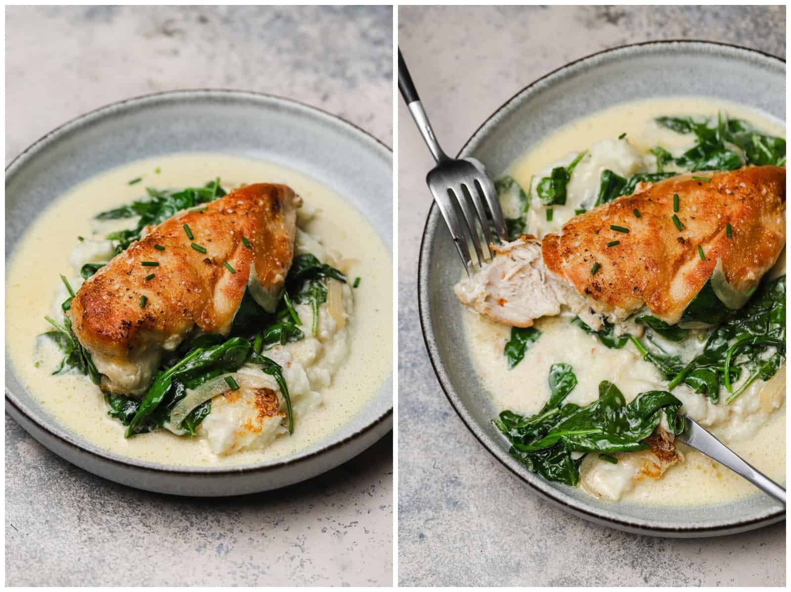 Pan seared chicken with mashed potatoes and spinach