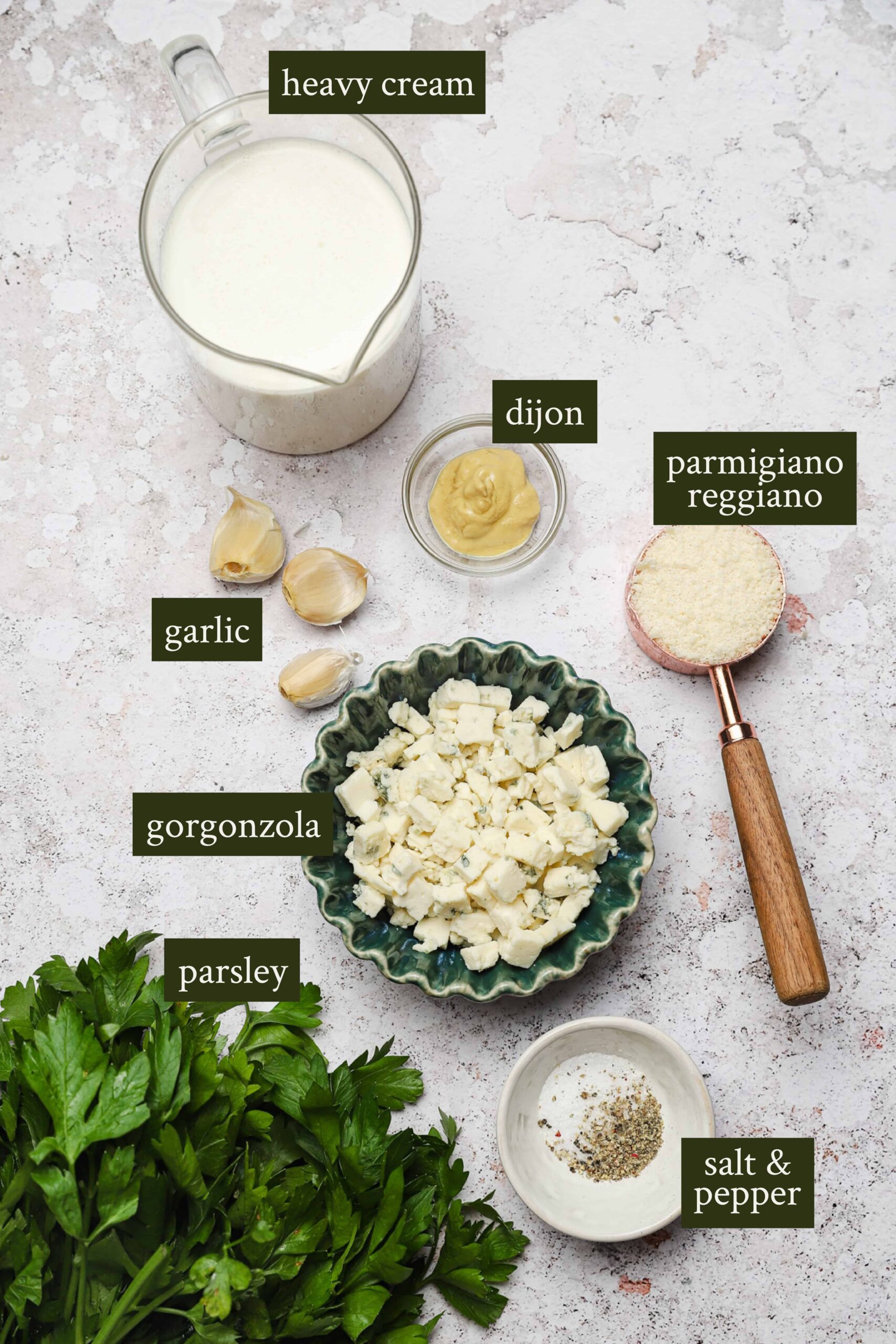 Labeled orgonzola cream sauce ingredients.