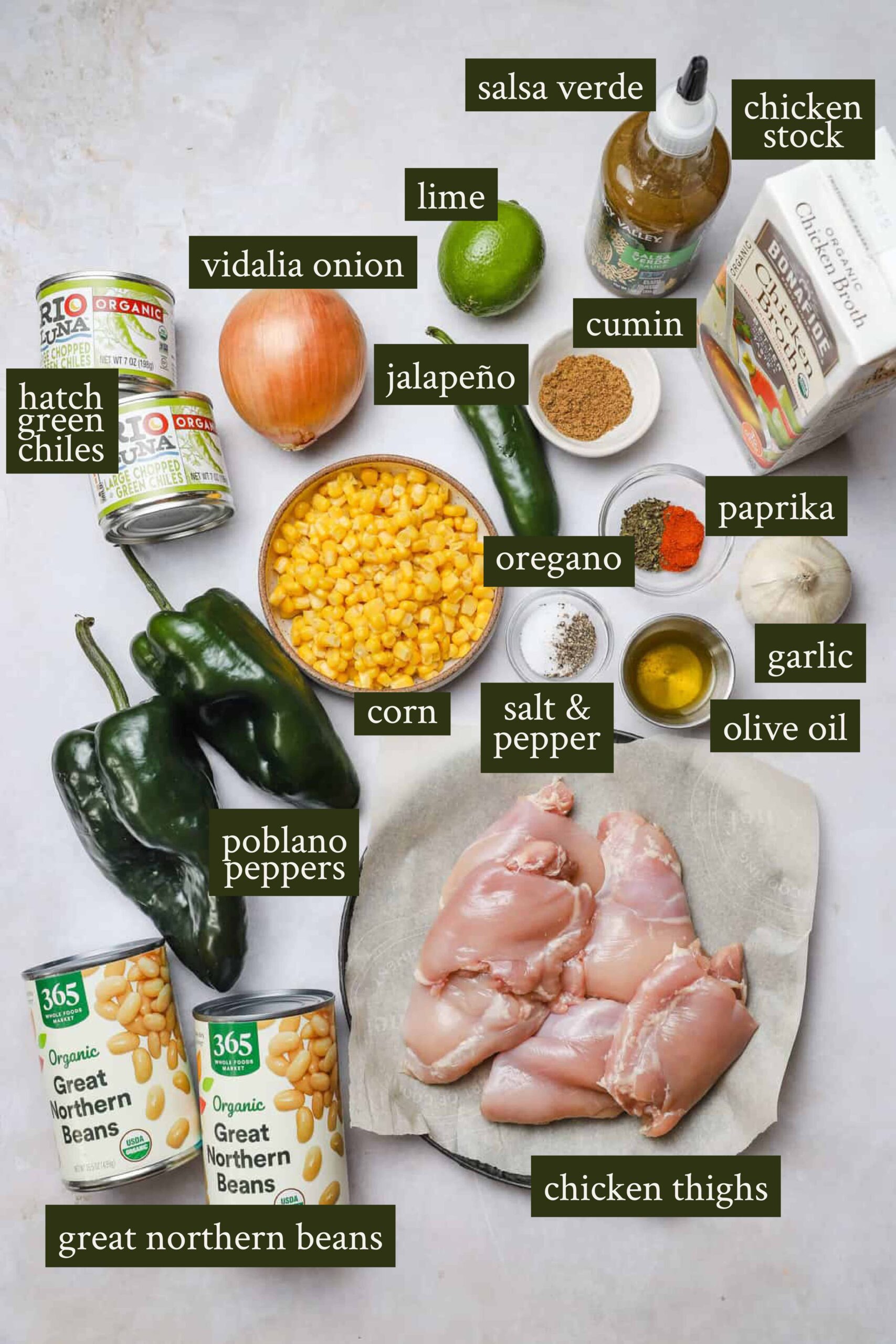 Labeled ingredients for green chicken chili soup.