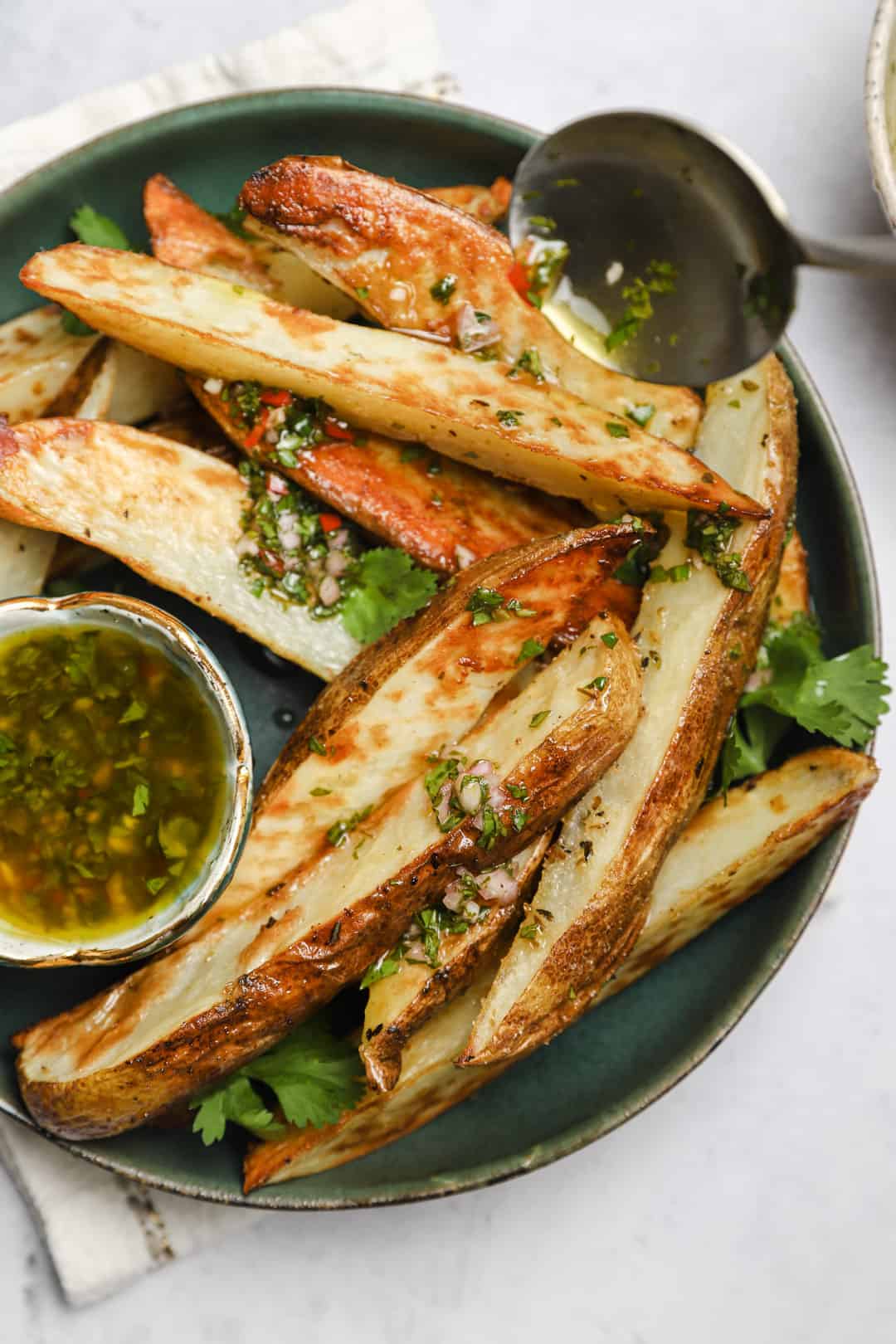 Crispy Roasted Potato Wedges With Chimichurri Sauce
