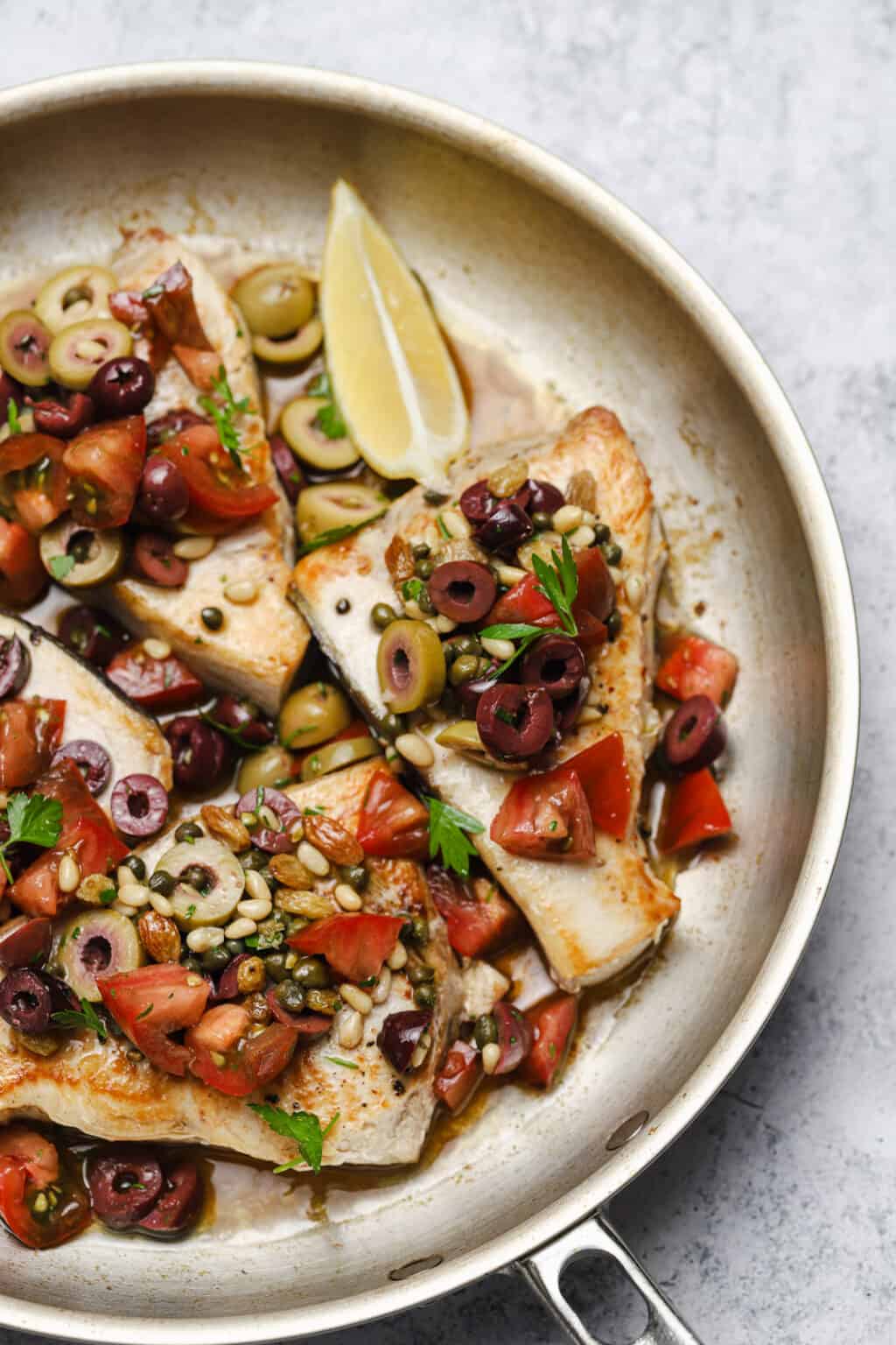Sicilian Swordfish with Olives, Tomatoes, Raisins Well Seasoned Studio