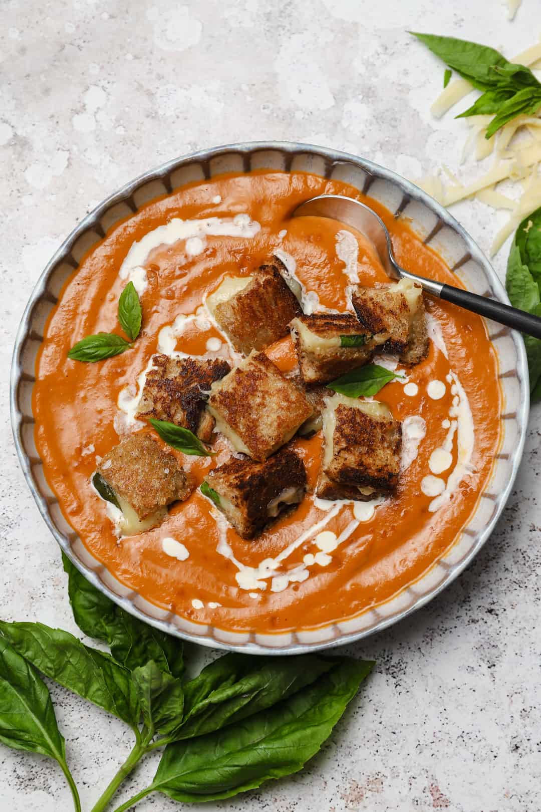 Thick, Creamy Roasted Tomato Soup with Grilled Cheese Croutons