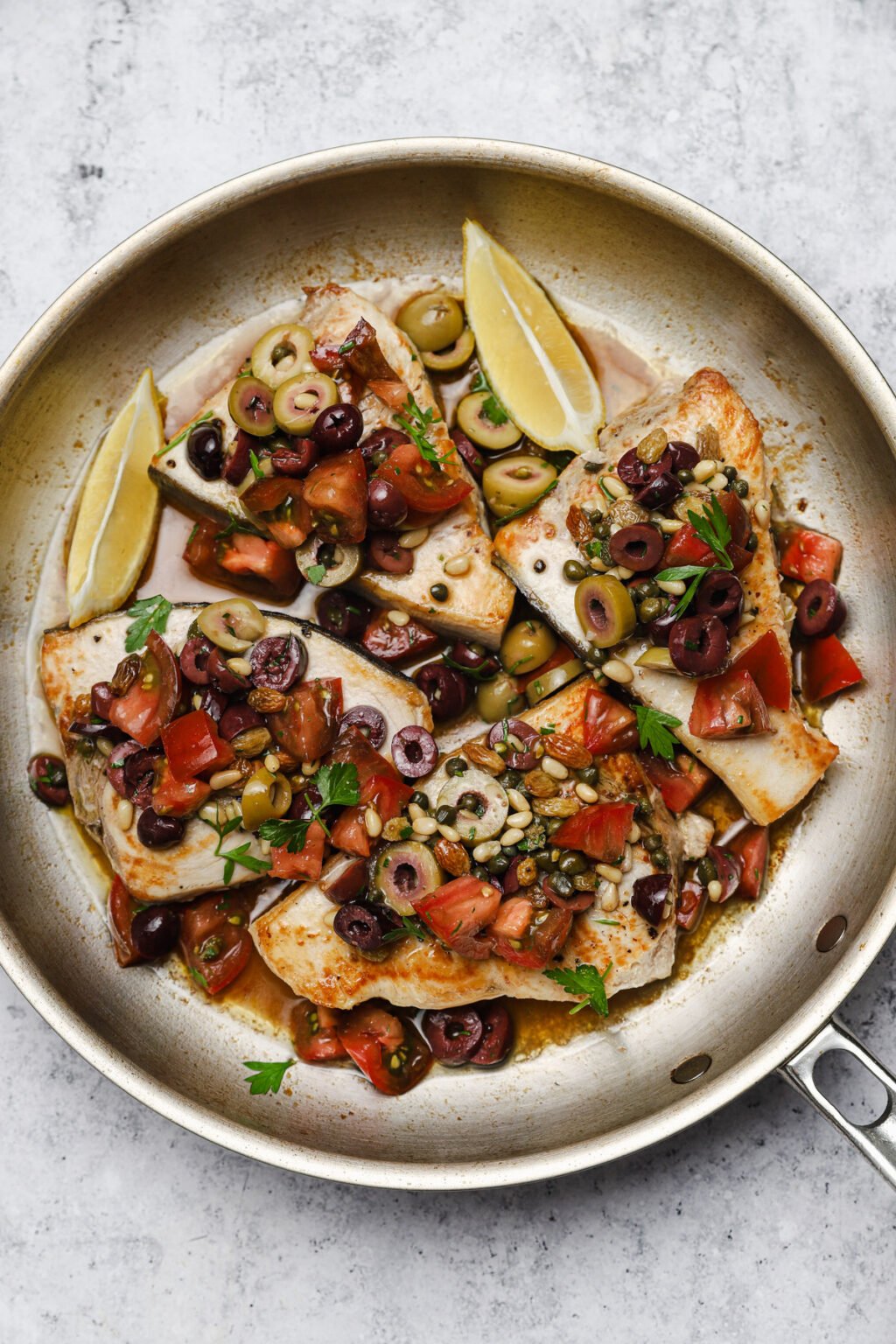 Sicilian Swordfish with Olives, Tomatoes, Raisins Well Seasoned Studio