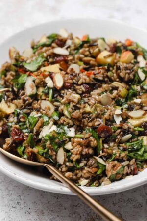 Wild rice pilaf in a serving bowl ith a gold spoon.