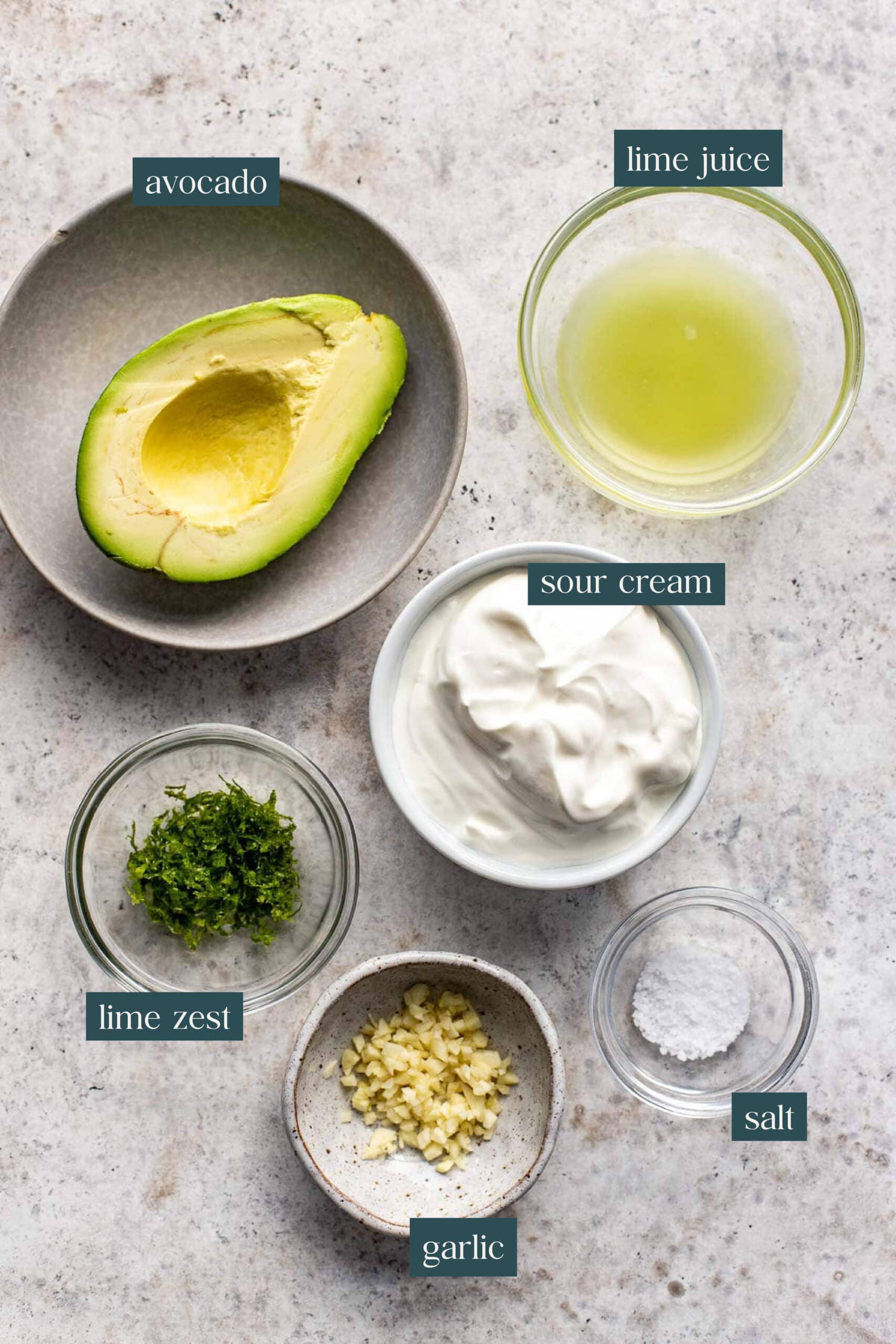Labeled list of ingredients needed to make Mexican avocado crema.