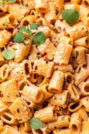 Creamy sun dried tomato pasta with basil and Parmigiano Reggiano cheese.