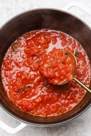 Spoonful of marinara sauce in a pot.