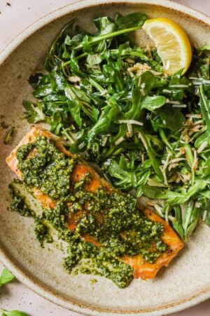 Close up of pistachio pesto salmon.