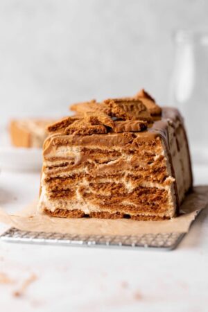 Sliced cookie butter cake with Lotus biscoff.