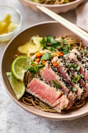 Soba noodles with seared sesame crusted tuna and ponzu sauce.
