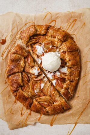 Apple galette with a scoop of ice cream.