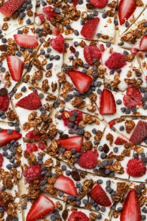 Greek yogurt bark with berries granola and chocolate chips.