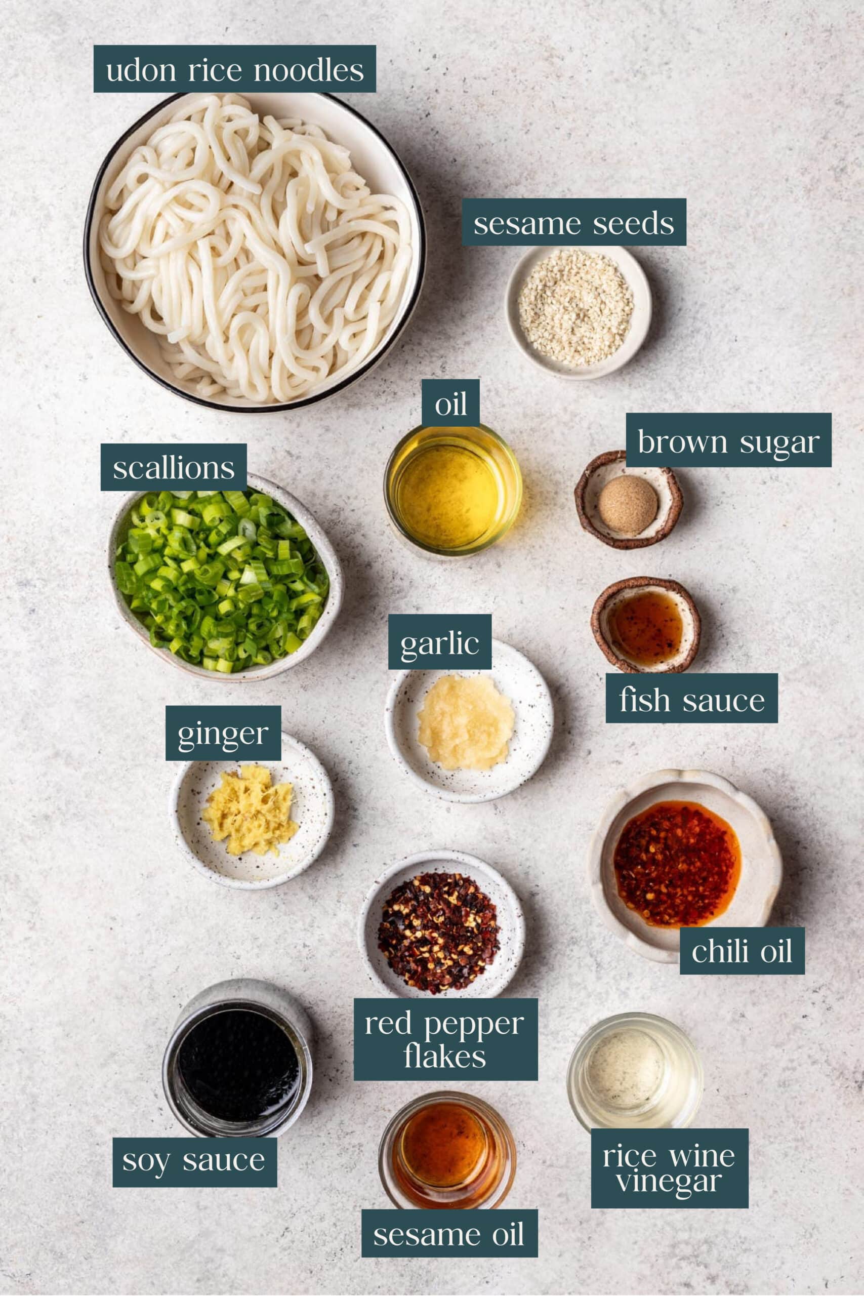 Display of ingredients for chili ginger noodles
