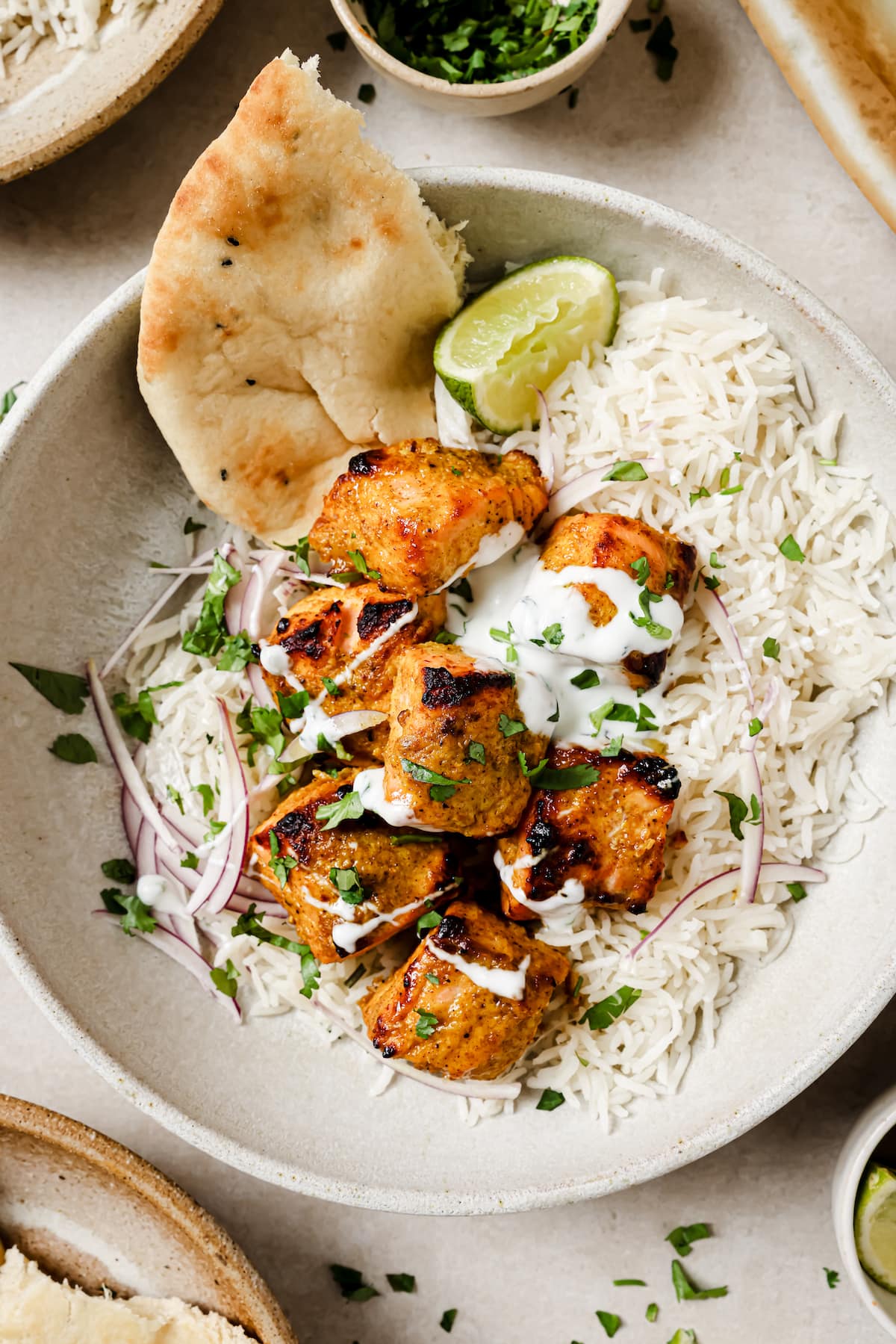 Tandoori & Yogurt-Marinated Salmon Bite Rice Bowls