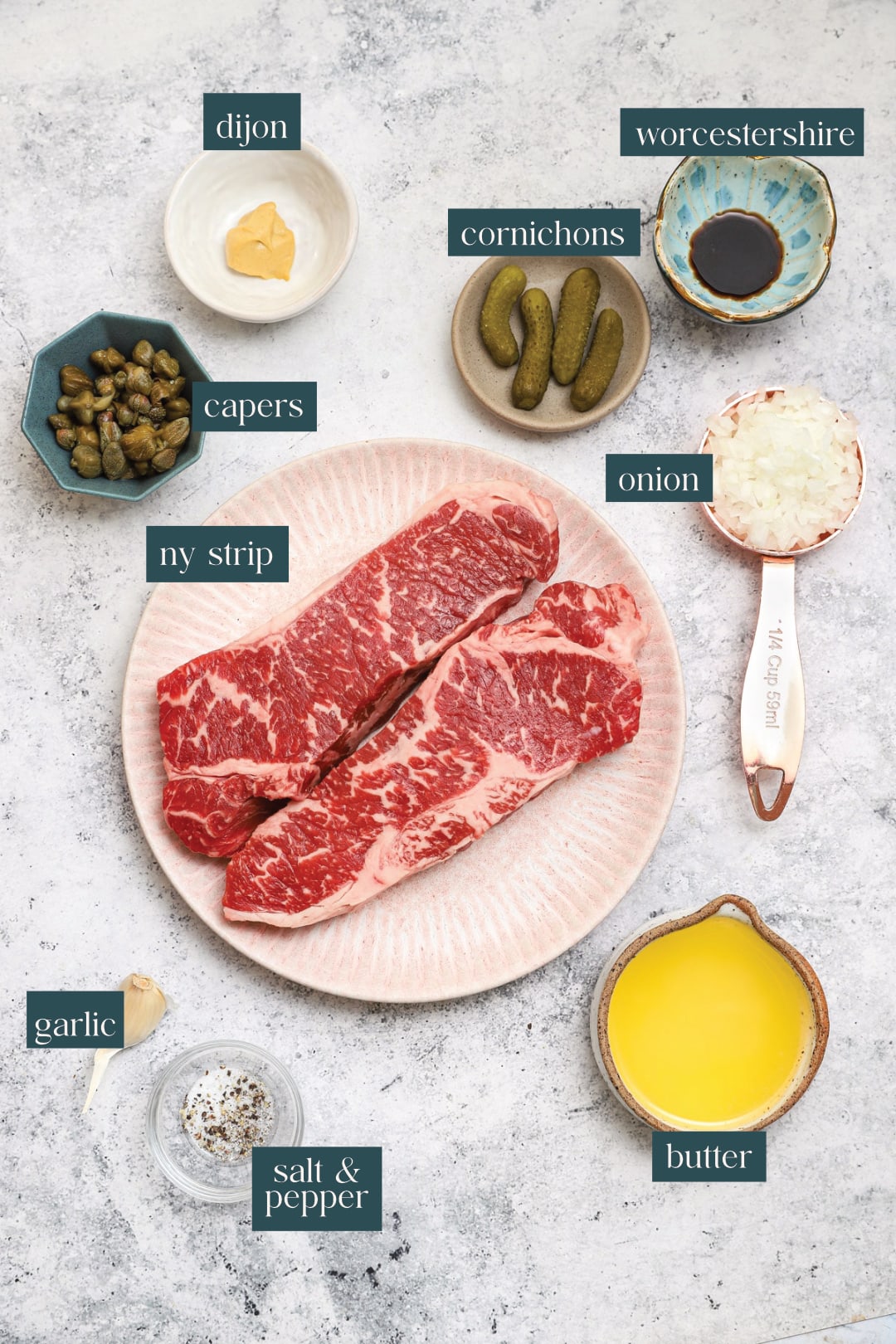 Labeled ingredients for making steak tartare at home.