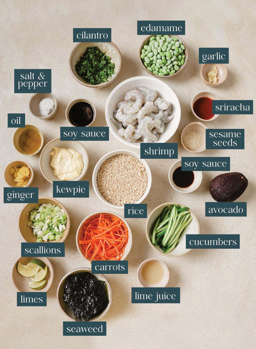 Ingredients for spicy shrimp bowls