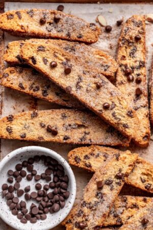 Almond mandel bread with chocolate chips.