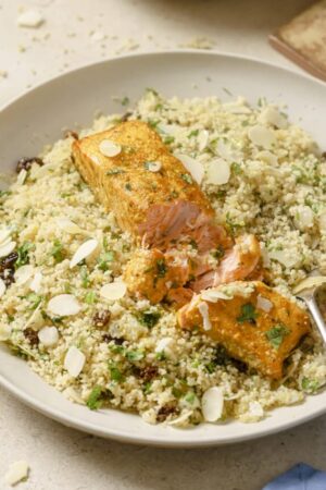Oven baked Moroccan spiced salmon on a bed of couscous.
