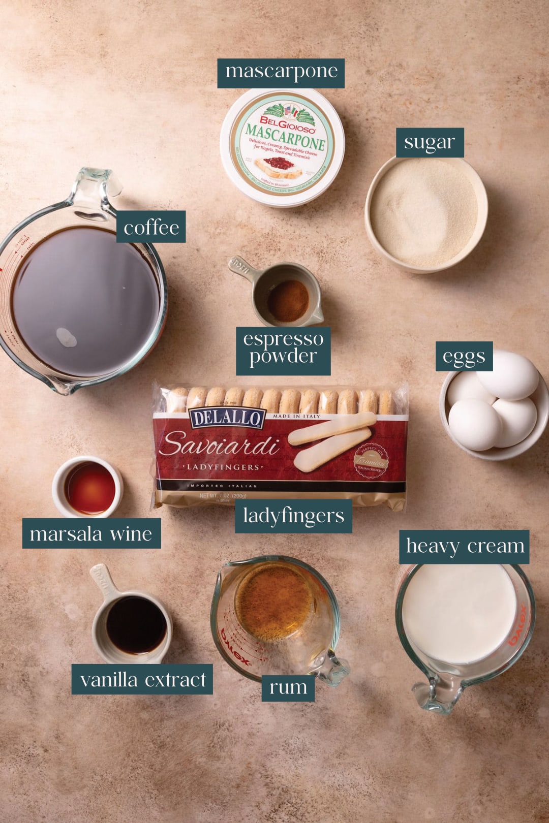 Labeled ingredients for homemade Italian tiramisu.