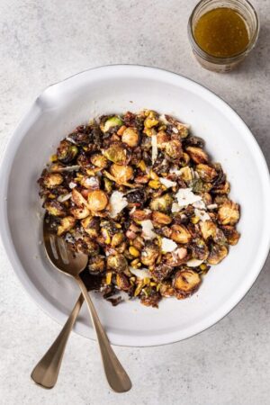 Fried brussel sprouts in a bowl.