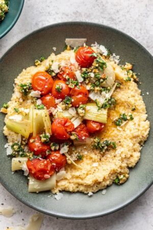 Pastina with roasted tomatoes fennel and gremolata.