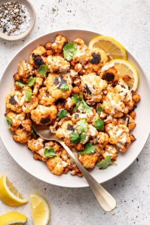Roasted cauliflower salad with tahini and chickpeas.