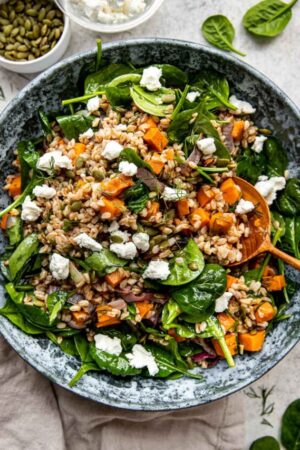 Warm farro salad with goat cheese in a bowl.