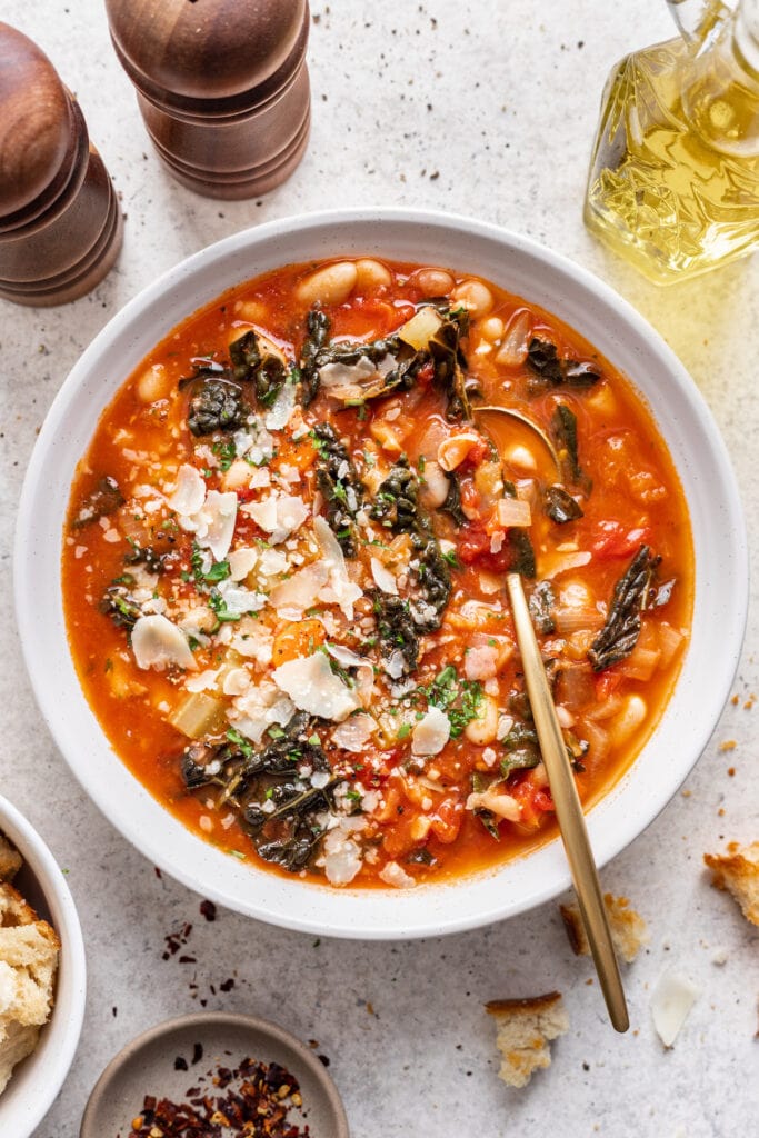 Italian ribollita soup with shaved Parmesan.
