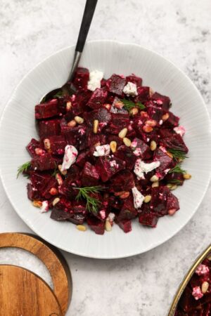 Tender beet salad with goat cheese and pine nuts.