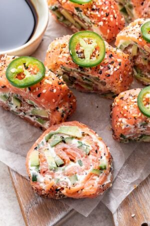Lox and cream cheese roll ups with avocado and cucumber.