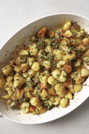 Roasted potatoes with garlic rosemary olive oil on top.