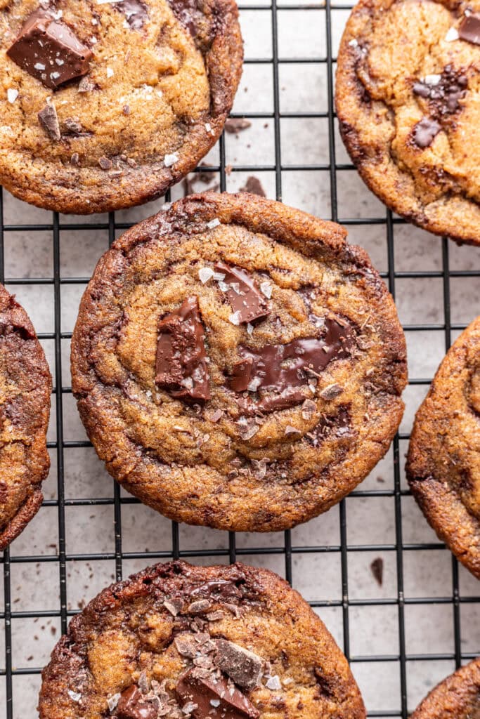 Soft chewy miso chocolate chip cookie with flaky sea salt.