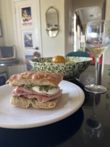 Mortadella, burrata, and pistachio pesto sandwich.