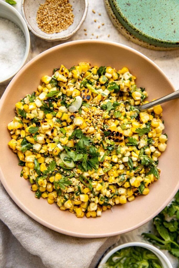 Grilled corn salad with miso and scallions.