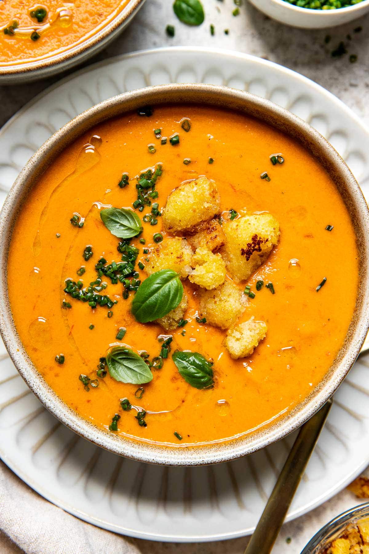 Peach & Corn Gazpacho with Cornbread Croutons - Well Seasoned Studio