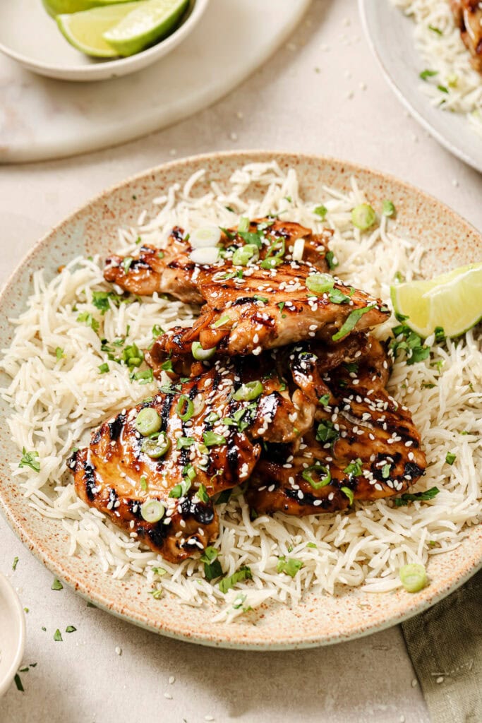 Soy marinated chicken thighs over white rice.